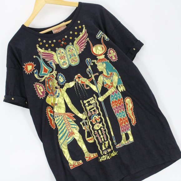 Vintage Cotton Code T-Shirt Men's Black & Gold Egyptian Print Single Stitch XL - Picture 3 of 9